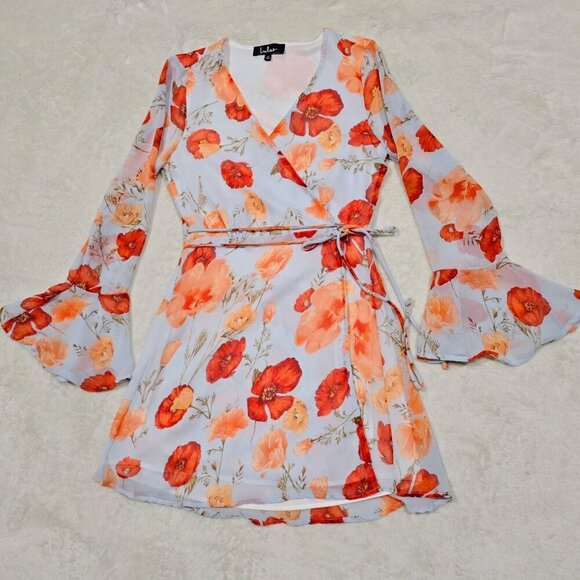Lulus ✦ Petals of Honor Wrap Dress ✦ Light Blue Floral Chiffon Bell Sleeves S - Picture 4 of 14